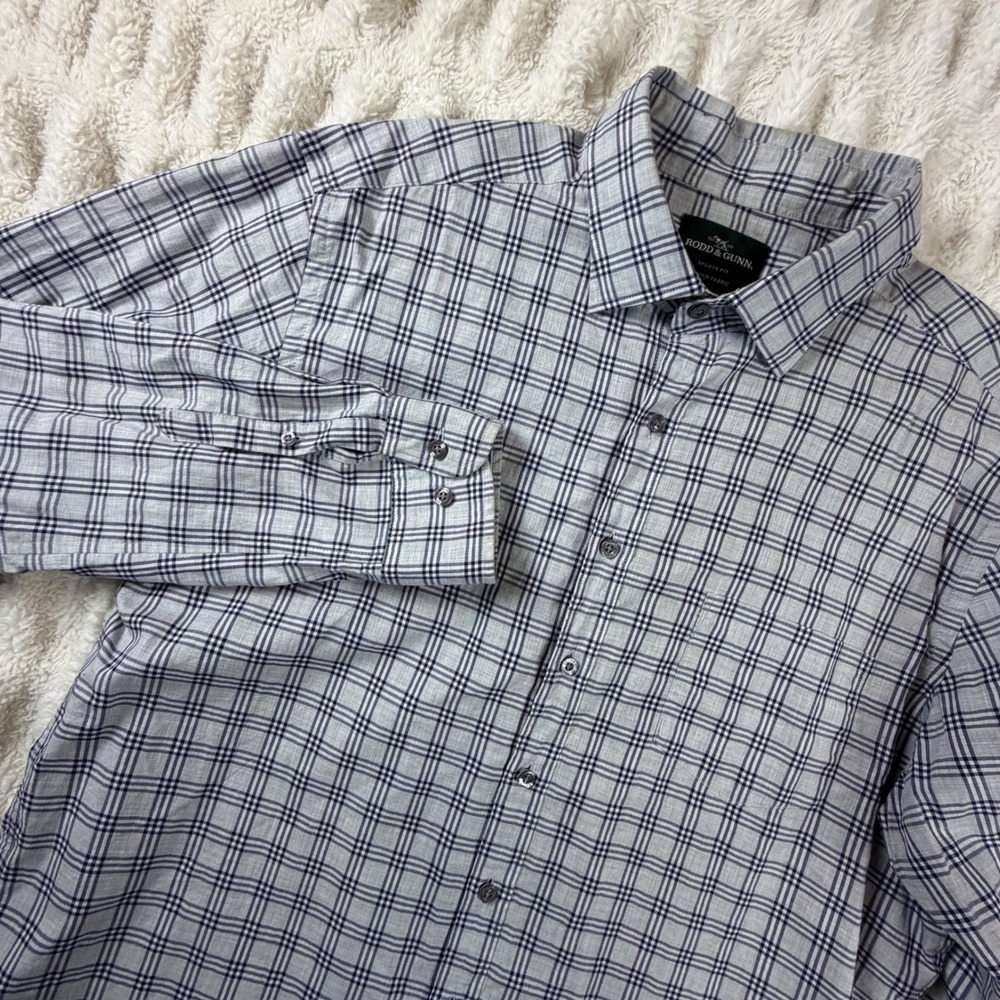 Rodd & Gunn Mens 2XL Grey Navy Plaid Italian Fabric Sports Fit Button Down Shirt